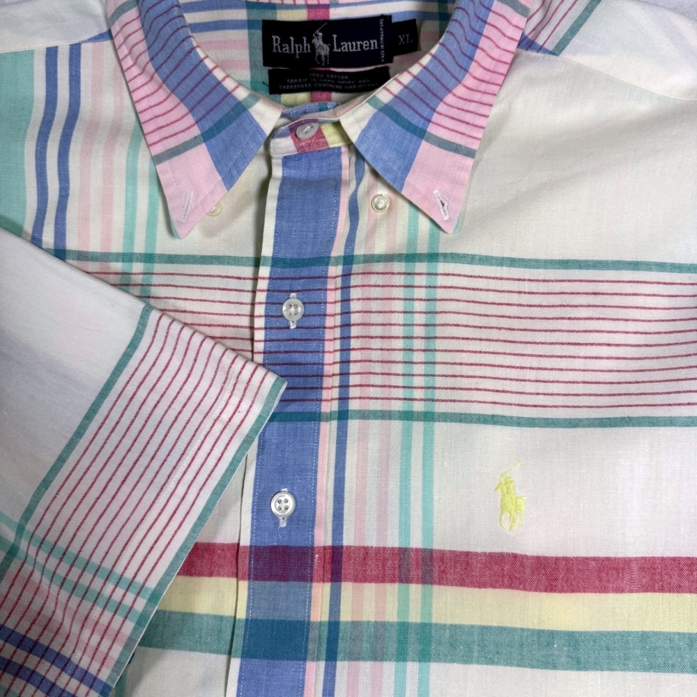 Vintage Ralph Lauren XL Short Sleeve Plaid Button Down Hand‎ Woven Cotton Multi